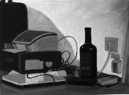 Drucker, Laptop, Flasche, Öl/Karton, 48 x 36 cm, 2008